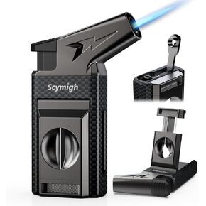 All-in-one Torch Lighter with Cutter, Built-in Punch, Refillable Windproof Jet Flame Butane Torch Lighters, Gifts for Men, Multifunctional Accessories Tool, Lighter for Candle, Travel (Without Fuel)