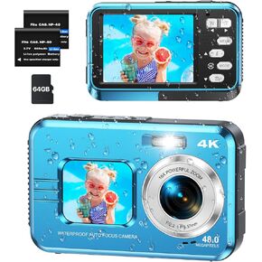 4K Underwater Camera with 64GB Card, 11FT Waterproof Camera Dual-Screen Selfie Underwater Cameras for Snorkeling 16X Digital Zoom Waterproof Digital Camera 2 Batteries (Blue)