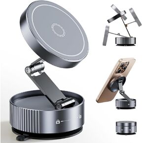Upgraded Vacuum Magnetic Phone Holder for MagSafe,Double-Foldable Suction Cup Phone Mount,360° Rotatable Phone Mount for All Smartphones & All Car Models- Grey