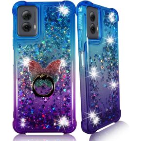 Zase Moto G Power 5G (2024) علبة الهاتف العائمة بريقًا ثلاثي الأبعاد الفراشات براقة بلينغ شلالات Quickling وتصميم لطيف لـ Motorola G Power 2024 W/Phone Ring Holder Stand (التدرج Pink Aqua)