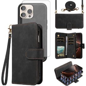 حالة هاتف ASUWISH لـ iPhone 16 PRO 6.3 بوصة سحاب غطاء مغناطيسي قابل للفصل مع حامي شاشة زجاجية محفنة Crossbody Lanyard Slot I Phone6 ​​I16 in Kuwait