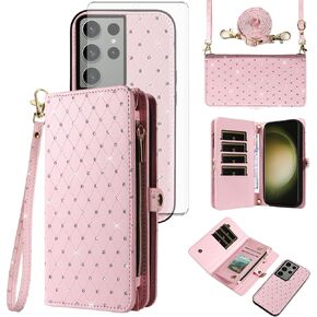 Asuwish Phone Case for Samsung Galaxy S23 Ultra 5G Zipper Wallet Cell Cover with Tempered Glass Screen Protector Strap Glitter Flip Card Holder Slot S23Ultra 23S S 23 23Ultra 6.8 inch Women Girls Pink