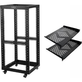 RIVECO 25U Open Frame Server Rack with Wheels- Heavy Duty 4 Post 19-inch Support 600KG Equipment Thick Cold Rolled Steel Cabinet & 14" Depth Rack Shelves 2PCS