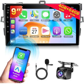 4+64G Android Car Stereo for Toyota Corolla 2009-2013 with Wireless Carplay&Android Auto, 9 Inch IPS Touchscreen Corolla Radio Support Bluetooth/GPS/WiFi/FM Radio/DSP/Mirror Link/SWC/Backup Camera