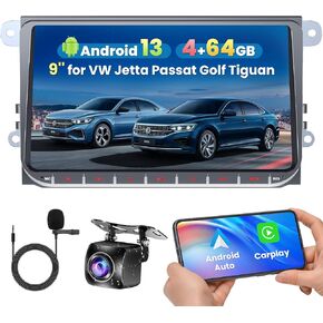 4G+64G 9 inch Touch Screen Car Radio Stereo for VW Jetta Passat Golf Tiguan Android 13 Wireless CarPlay Android Auto Bluetooth with GPS Navigation+ AHD Backup Camera + MIC