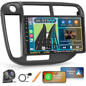5G WiFi Car Radio for Honda Civic 1996-2001 with Wireless Carplay & Android Auto, 4+64GB Android 13 Civic Screen with Voice Control Bluetooth 5.2 FM SWC DSP EQ GPS Backup Camera Mirror Link