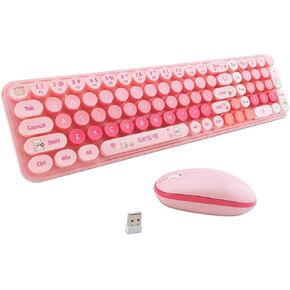 Wireless Keyboard and Mouse Combo, Retro Typewriter Style Keyboard with Round Keycaps, 2.4GHz Dropout-Free Connection Mouse with,Computer PC Desktops Laptop WindowsxP/7/8/10 (Pink)