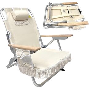EASYGO PRODUCTS Tassel Backpack Beach Chair - 5 Positions and Cup Holder Pouch on Side - Padded Pillow - Storage Bag on Back - Lightweight Rustproof Aluminum - Black Frame, 1 Pack TAN