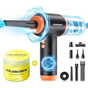 COLORCORAL 12-in-1 Cordless Air Duster Brushless Motor and Keyboard Cleanning Gel for Car Interior Detailing Home and Office Dust Cleaning