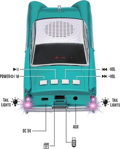 QFX Bluetooth 1959 Retro Classic Car Speaker, Dual 2-inch Speakers, Hands-Free Link, Built-in Microphone, FM Radio, and LED Party Lights, Red - BT-1959-RED in Kuwait