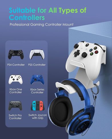 6amLifestyle Controller and Headphone Wall Mount Holder Stand with Cord Hanger for PS5 PS4 Xbox One Switch Pro Gamepad Controller Hook Strong Adhesive/Screws, White in Kuwait