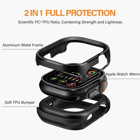 2 in 1 Metal Case Compatible with Apple Watch Ultra 2/Ultra 49mm Case, Rugged Protective Bumper with Shockproof Silicone Cover for iWatch 49mm (Black) in Saudi Arabia