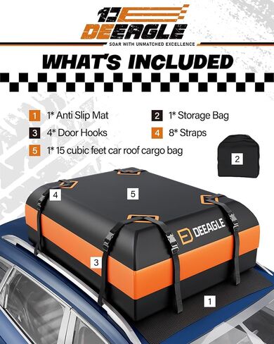 DEEAGLE 15 Cubic Feet Rooftop Cargo Carrier, Waterproof Car Roof Cargo Carrier Car Storage Bag for All Vehicle with Without Rack, Includes Non Slip Mat, 4 Door Hooks, 8 Reinforced Straps in Saudi Arabia
