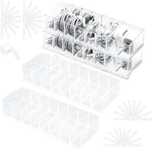 4Pcs Cable Organizer Box with Cable Ties Charger Box Organizer Cord Storage Organizer Box with 40 Wire Ties for Office Desk Drawer Crafts Fishing Tackles(Clear) in Saudi Arabia