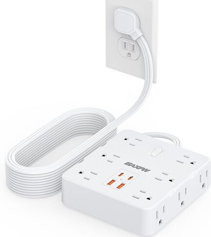 Power Strip Surge Protector - Maxpw 10 ft Flat Plug Extension Cord with 12 Outlets & 4 USB Ports (2 USB C), 1700 Joules, Wall Mount, Desk Charging Station for Home Office Dorm, White in Saudi Arabia