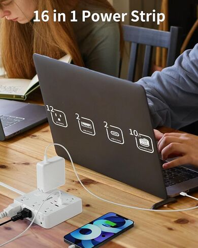 Power Strip Surge Protector - Maxpw 10 ft Flat Plug Extension Cord with 12 Outlets & 4 USB Ports (2 USB C), 1700 Joules, Wall Mount, Desk Charging Station for Home Office Dorm, White in Saudi Arabia