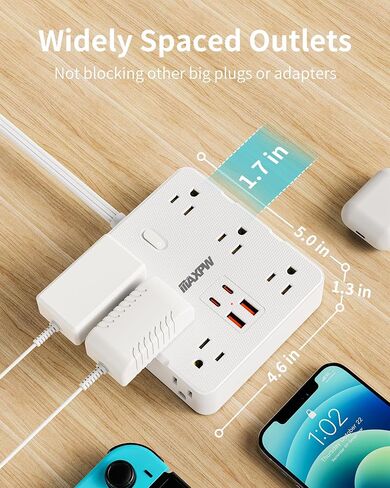 Power Strip Surge Protector - Maxpw 10 ft Flat Plug Extension Cord with 12 Outlets & 4 USB Ports (2 USB C), 1700 Joules, Wall Mount, Desk Charging Station for Home Office Dorm, White in Saudi Arabia