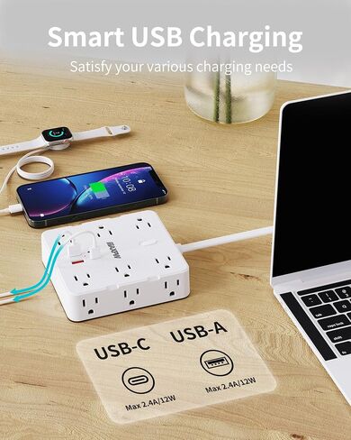 Power Strip Surge Protector - Maxpw 10 ft Flat Plug Extension Cord with 12 Outlets & 4 USB Ports (2 USB C), 1700 Joules, Wall Mount, Desk Charging Station for Home Office Dorm, White in Saudi Arabia