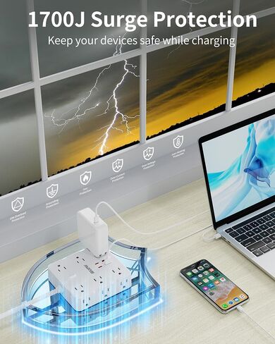 Power Strip Surge Protector - Maxpw 10 ft Flat Plug Extension Cord with 12 Outlets & 4 USB Ports (2 USB C), 1700 Joules, Wall Mount, Desk Charging Station for Home Office Dorm, White in Saudi Arabia