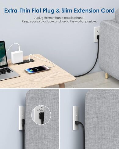 قطاع الطاقة المريح 30W USB C ، منفذ مكتب Mount Flush Flush ، 2 منافذ USB ، منفذ مريح لجدول جانبي/أريكة ، شريط طاقة قابس مسطح رفيع للغاية ، سلك 3 أقدام (أسود) in Kuwait