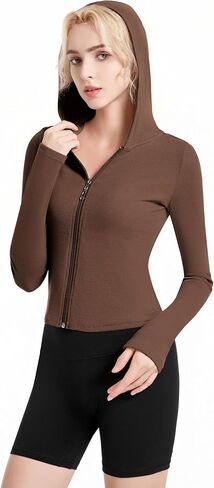 Abonlen Ribbed Hoodies for Women Lightweight Full Zip Up Jackets Long Sleeves Tops Fitted Cropped Sweatshirt in Kuwait
