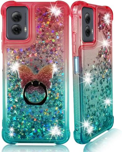 Zase Moto G Power 5G (2024) Phone Case Floating Liquid Glitter 3D Butterflies Sparkly Bling Waterfall Quicksand Cute Design for Motorola G Power 2024 w/Phone Ring Holder Stand (Gradient Pink Aqua) in Saudi Arabia