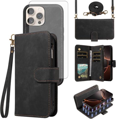 حالة هاتف ASUWISH لـ iPhone 16 PRO 6.3 بوصة سحاب غطاء مغناطيسي قابل للفصل مع حامي شاشة زجاجية محفنة Crossbody Lanyard Slot I Phone6 ​​I16 in Kuwait