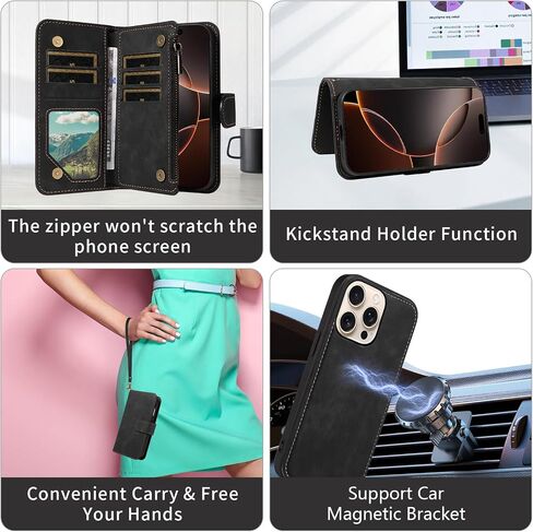 حالة هاتف ASUWISH لـ iPhone 16 PRO 6.3 بوصة سحاب غطاء مغناطيسي قابل للفصل مع حامي شاشة زجاجية محفنة Crossbody Lanyard Slot I Phone6 ​​I16 in Kuwait
