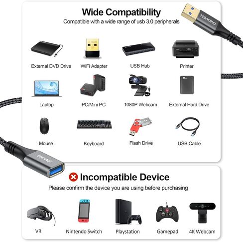 كبل امتداد USB حزمة 3 قدم من 2 ، 5 جيجابت في الثانية/60 واط نقل البيانات وشحن Sync USB النوع A 3.0 موسع ذكر إلى أنثى لرصد لوحة مفاتيح الشاحن SSD Flash Camera SSD والمزيد in Kuwait