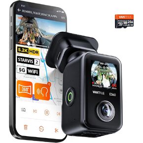 【Bundle: Vantrue E360 5.2K 360° Panoramic Dash Cam + 256GB microSD Card】 5GHz WiFi&GPS, Dual STARVIS 2, HDR,8 IR Night Vision, Voice Control, Touchscreen, 24/7 Buffered Parking Mode, Support 512GB Max