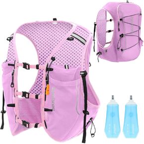 sportsnew Running Vest for Women Men, Lightweight 10L Hydration Backpack with Waterproof Phone Pocket, Breathable Pack for Hiking Trail Running (Pink with 2 x 500ML Soft Flask, S/M: Chest 26''-34')