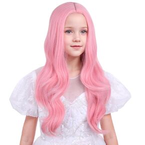 Kids Pink Wig Child Long Wavy Curly Wig Girls Pink Middle Part Wig Kids Cosplay Wig Child Synthetic Wigs with Wig Cap
