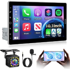 NHOPEEW Single Din 10 Inch Touchscreen Car Radio with Wireless Carplay and Android Auto - Detachable IPS Screen Car Stereo - Bluetooth/AM/FM/Mirror Link/SWC + 12leds Backup Camera & Microphone