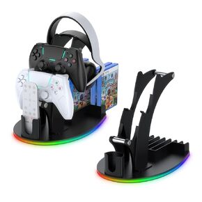JDDWIN Gaming Controller Holder, Headphone Stand with 5 RGB Lights Modes, Gaming Organizers and Storage with USB Charging and Type-C Suitable with All Headset & Remote Control & Game Discs (Black)