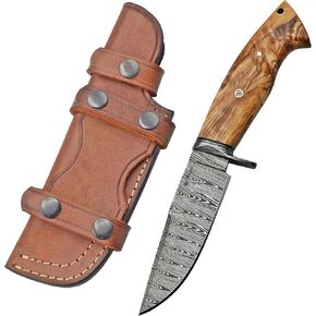 Handmade Damascus Hunting Knife with Scout Horizontal Carry Leather Sheath Fixed Blade Full Tang for Camping, Hiking, Skinning,Survival (Deer Hunter) (D2 STEEL)