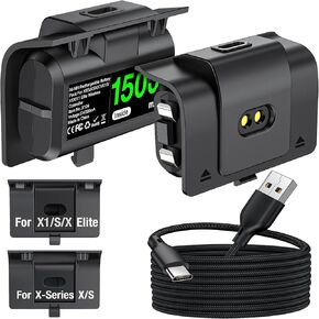 Upgraded Fast Charging Rechargeable Battery Packs with Light Control, 2x3600mWh(2x1500mAh) Xbox Controller Batteries & 4 Battery Covers for Xbox Series X|S, One S/X/Elite, 10Ft Type-C Cable included
