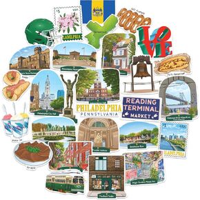 Navy Peony Artistic Philadelphia Travel Stickers (28pcs)-Gouache Style, Philly, America-Themed Vacation Stickers for Scrapbooks, Journals, Laptop