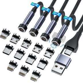 Ankndo 5-in-1 Magnetic Charging Cable, 540° Rotation Magnetic Phone Charger [4-Pack, 3ft/3ft/6ft/10ft] USB A/Type C Fast Charging Cable for iPhone/Micro USB/USB C Devices