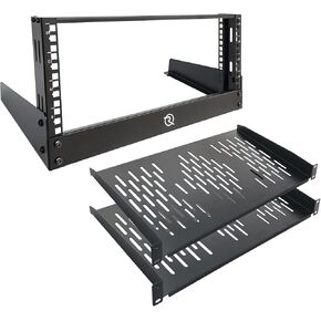 RIVECO 4U 19" Open Frame Desktop Rack, Black Steel, Tabletop Mount, Compatible with Server, AV, Music Recording, Home Theatre Studio, Includes 10" Rack Shelves 2PCS