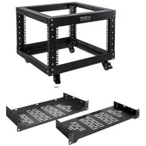 RIVECO 6U Open Frame Server Rack with Wheels- Heavy Duty 4 Post 19-inch Support 600KG Equipment Home Network Cabinet & 6" Rack Shelves 2 PCS