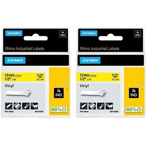 DYMO Industrial Labels for DYMO Industrial Rhino Label Makers, Black on Yellow, 1/2", 2 Count (Pack of 2), 36864 Labels