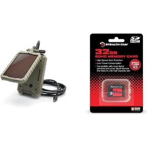 Stealth Cam Solar Battery Pack, SD Card & Accessories Bundle - 5000 mAh 12V Solar Panel, 32GB SDHC Memory Card, Rechargeable Battery, Insulated Cable for Trail Cameras