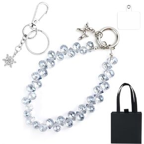 2Pcs Crystal Beaded Phone Wrist Strap Set Include Sparkling Cellphone Lanyard and 3D Revolve Crystal Snowflake Keychain,Detachable Wristlet Phone Chain with Gift Box,Hands Free Phone Wristlet Bracelet