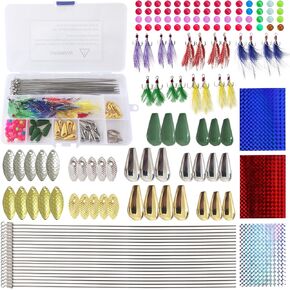 140Pcs Fishing Spinner Making Kit Spinnerbaits DIY Supplies Spinner Blades, Spoons, Feather Treble Hooks, Spinner Shaft, Fishing Beads Lure Accessories Bodies Kit for Bass Trout Walleye