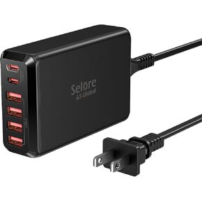 SELORE 65W 6 Port Gan II Desktop Charging Station, Compact Dual USB-C Wall Charger Adapter for iPhone 15 Pro Max/14, iPad Pro, Home, Office