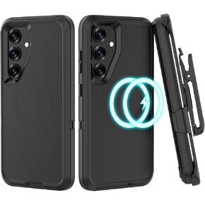Compatible with Samsung Galaxy S25/S24 Case, with Belt Clip Holster Heavy Duty Magnetic Wireless Charging Full Body Protection Kickstand Cover for Samsung Galaxy S25/S24 Phone (Black+Blue)