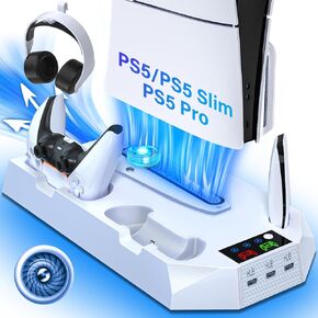 PS5/Slim/Pro Cooling State مع محطة شاحن وحدة تحكم لـ PlayStation 5/Slim Console Disc/Digital ، PlayStation 5 Station Vertical Cooling مع رصيف شحن حامل عن بُعد ، مروحة تبريد ، 3 محاور USB