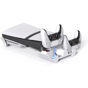 Horizontal Stand for PS 5 Pro/PS 5 Slim, Cooling Station for Playstadion 5 Pro/Slim Digital & Disc, Narrow Spaces Triple Turbo Fans Stand and Cooling Station with Dual Controller Charging