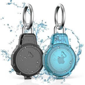 2 Pack Secure Lock AirTag Holders, Waterproof Airtag Keychain Full Protective Anti-Scratch Airtag Case Hard Shell Hidden for Luggage, Backpack, Keys, Pets (Black + Clear Blue)