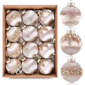 Christmas Ornaments Champagne Xmas Balls - Pack of 15 Luxury Christmas Tree Decorations Shatterproof - Satin Glitter Xmas Bulbs Set, 3.15 inch 80mm